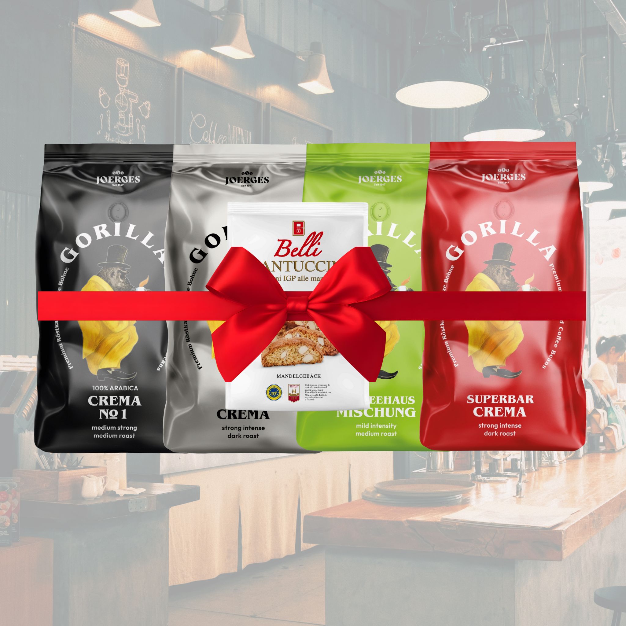 Joerges Gorilla Espresso Kaffee Set 4x 1000g + 1x Belli Cantuccini alle mandorle IGP 250g