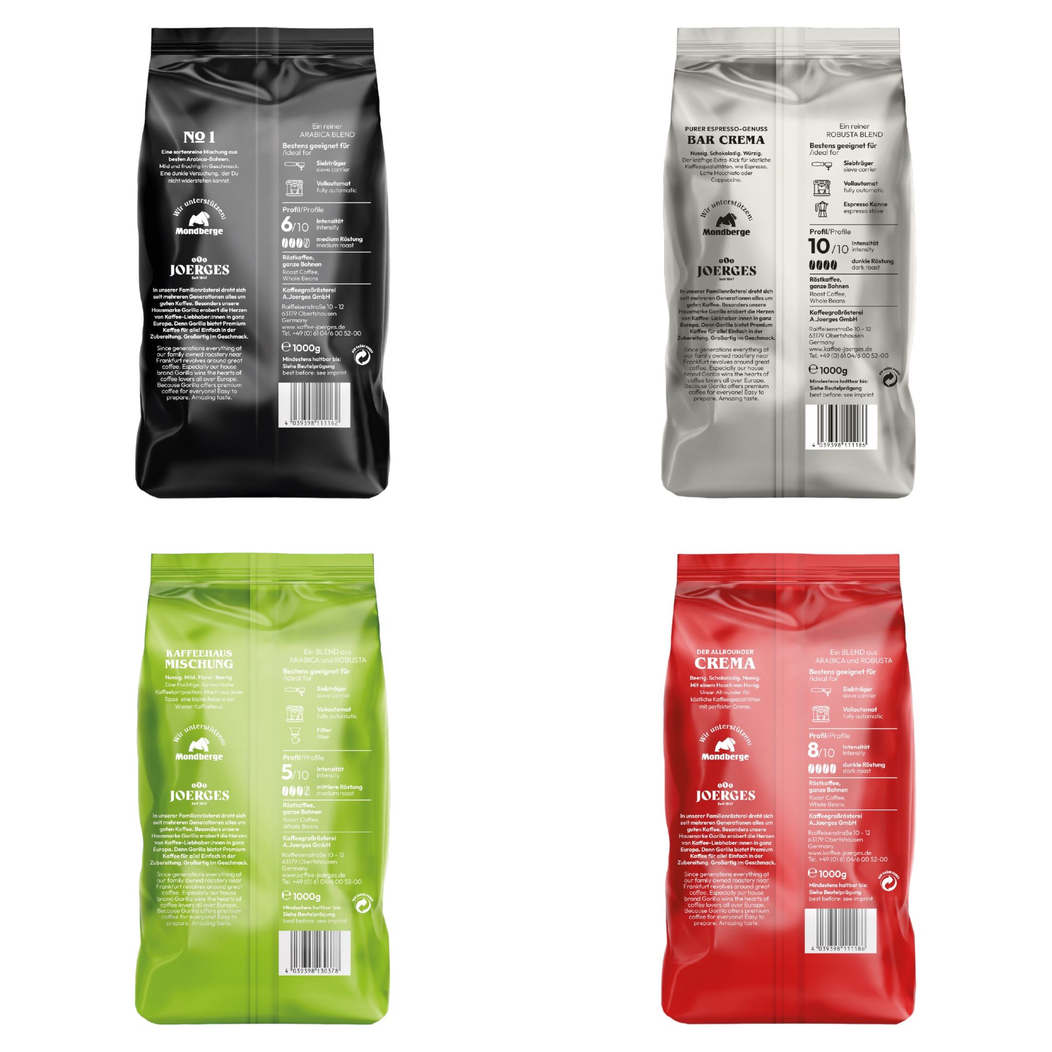 Joerges Gorilla Espresso Kaffee Set 4x 1000g + 1x Belli Cantuccini alle mandorle IGP 250g