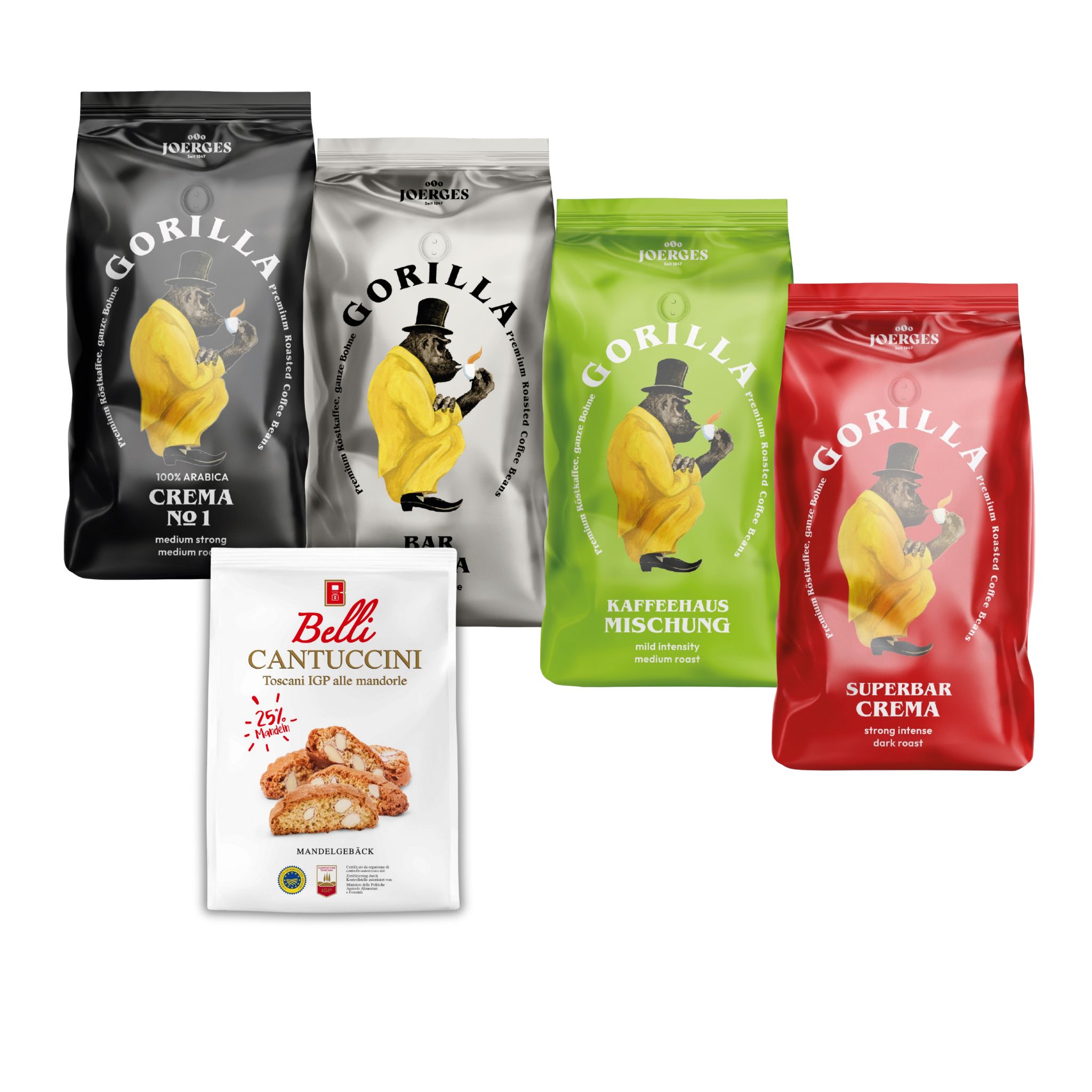 Joerges Gorilla Espresso Kaffee Set 4x 1000g + 1x Belli Cantuccini alle mandorle IGP 250g Joerges Gorilla Espresso Kaffee Set 4x 1000g + 1x Belli Cantuccini alle mandorle IGP 250g